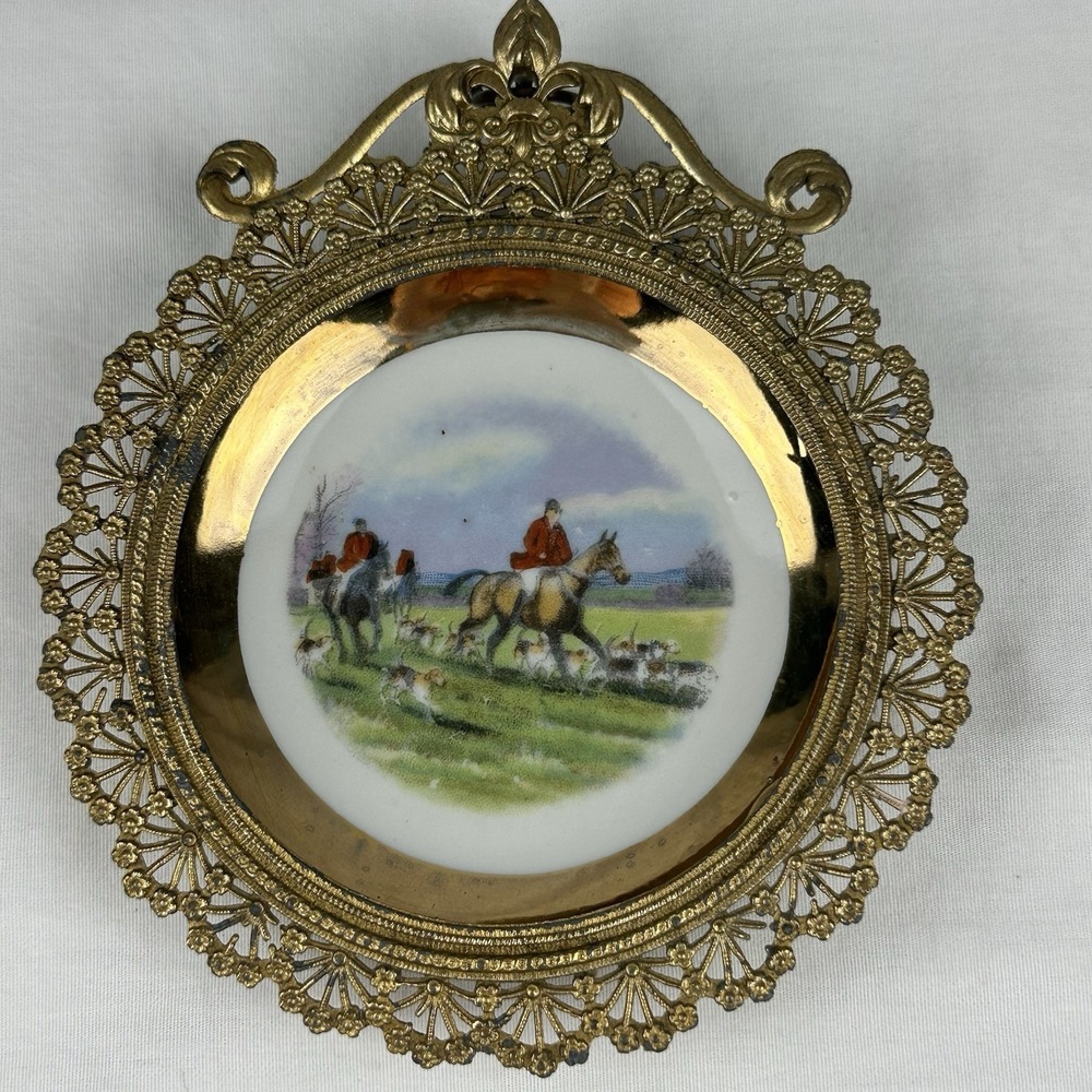 Vintage Fox Hunt Porcelain Wall Plaque Gold Filigree Frame Equestrian Decor
